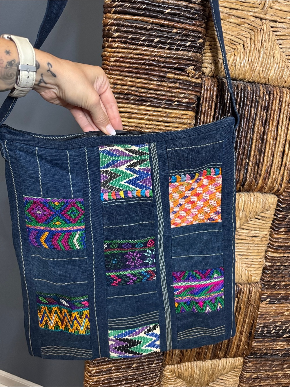 Handwoven Navy Crossbody Bag with Multicolor Embroidery